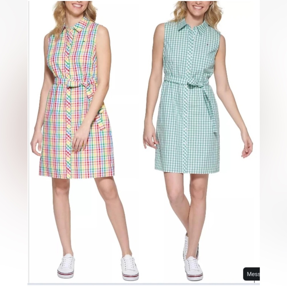 🌴TOMMY HILFIGER CHECKED BUTTON DOWN SLEEVELESS TIE FRONT SHIRT DRESS NWT - Picture 2 of 11